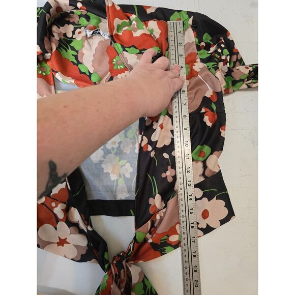 Vtg 60s XS 2 Pc SET Pants Sheer Crop Shirt Hi Waist Flares FLOWER POWER Outfit - Picture 13 of 13